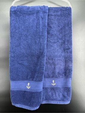 (2) Nautica Navy Blue Anchor Bath Towel  50x30"